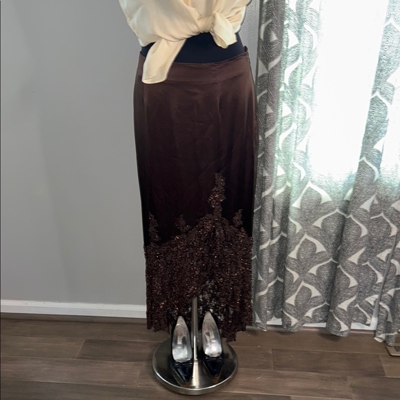 Cache | Skirts | Cache Chocolate Brown Silk Asymmetrical Beaded Lace ...